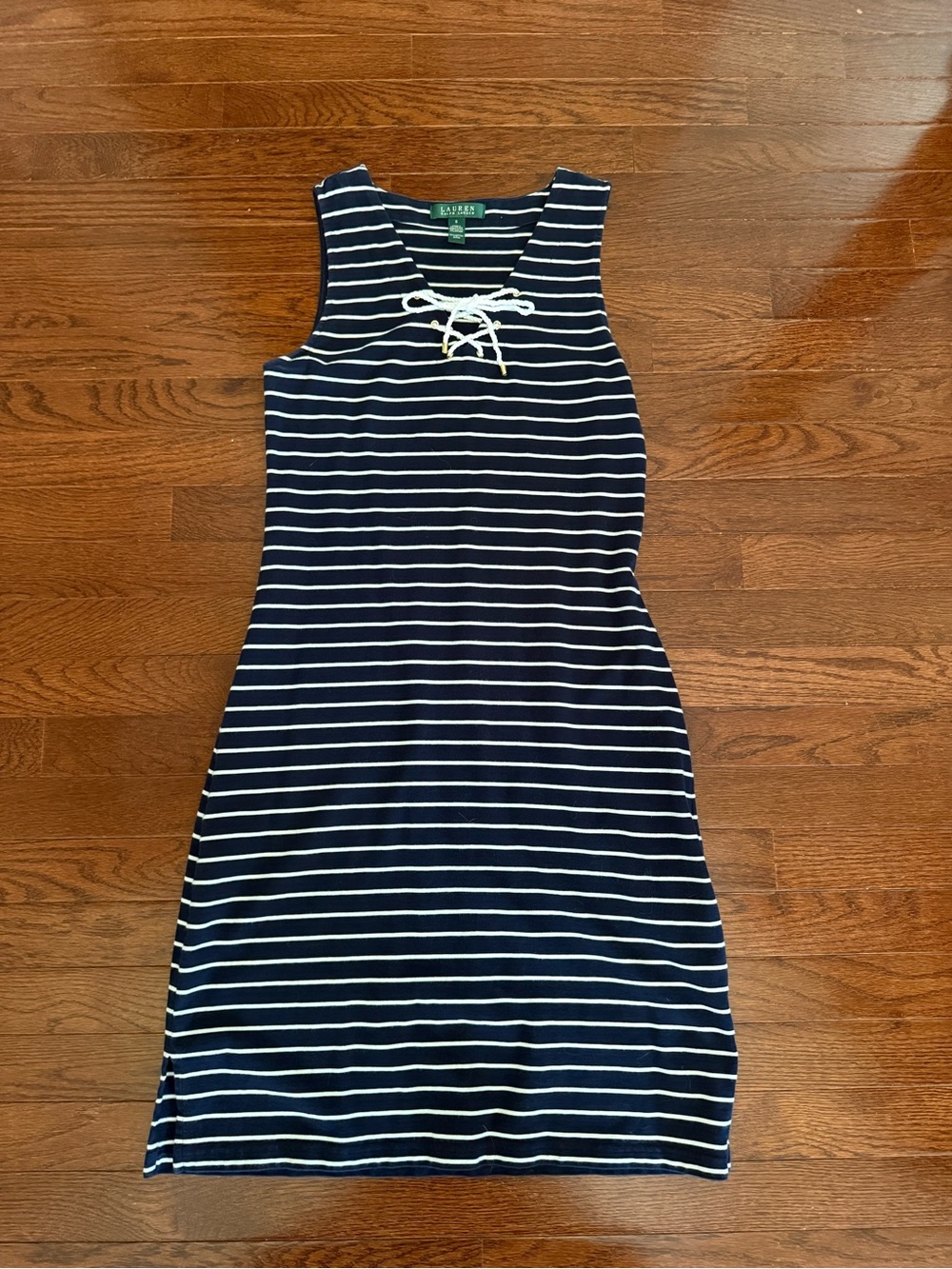 Ralph Lauren Navy and White Striped Lace-Up Midi Dress